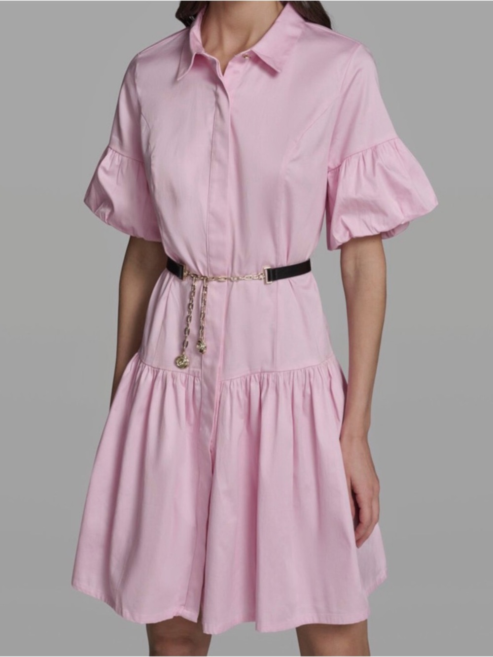 Karl Lagerfeld Light Pink Puff-Sleeve Shirtdress with Chain Belt NWT size 10
